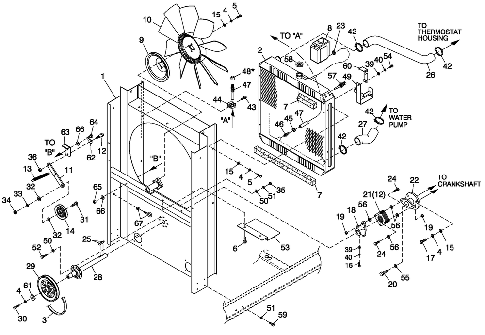Cooling Sytem And Fan Drive Diagram and Parts List for ST10054AVSN (4713952)(2007) Generac Generator