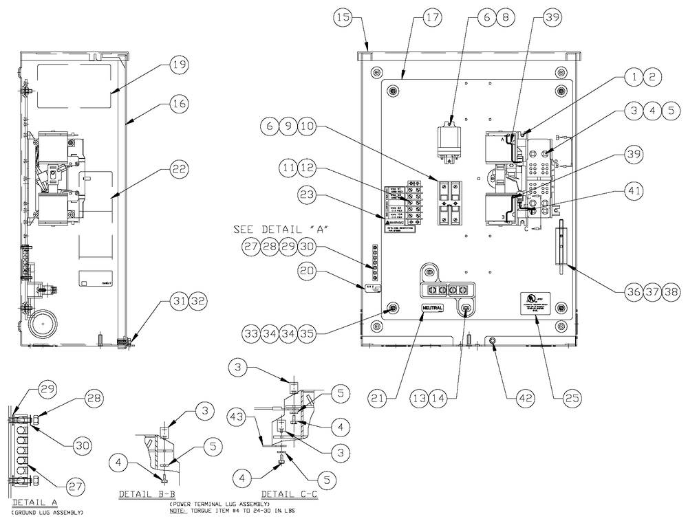 100a Transfer Switch Assembly Diagram and Parts List for 0053263 (5006763 - 5006773)(2008) Generac Generator