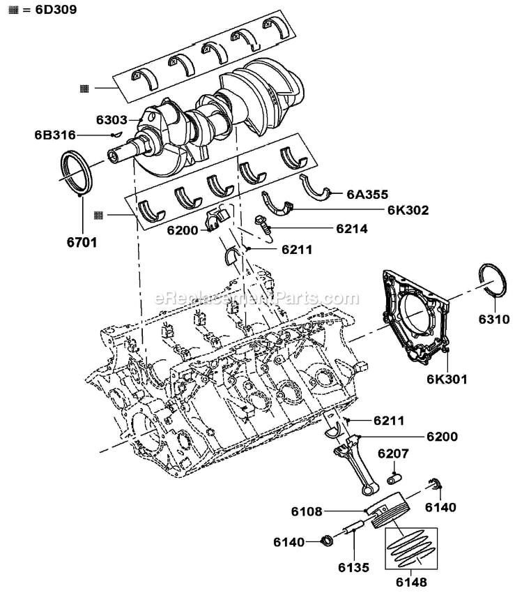 Gas Engine Pistons, Rods, And Crank Diagram and Parts List for LT05554GVSNA (GXB00827 - )(2010) Generac Generator