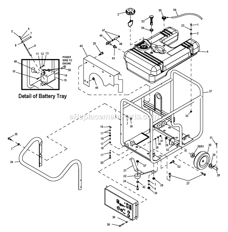 Ev Handle Frame, Wheels And Tank Diagram and Parts List for 0057341 (9366550 - 50069417)(2015) Generac Generator