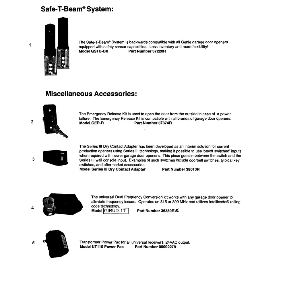 Accessories 7 Diagram and Parts List for 4022  Genie Garage Door Opener