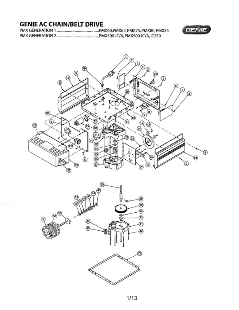 Head Diagram and Parts List for PMX500-IC A Genie Garage Door Opener