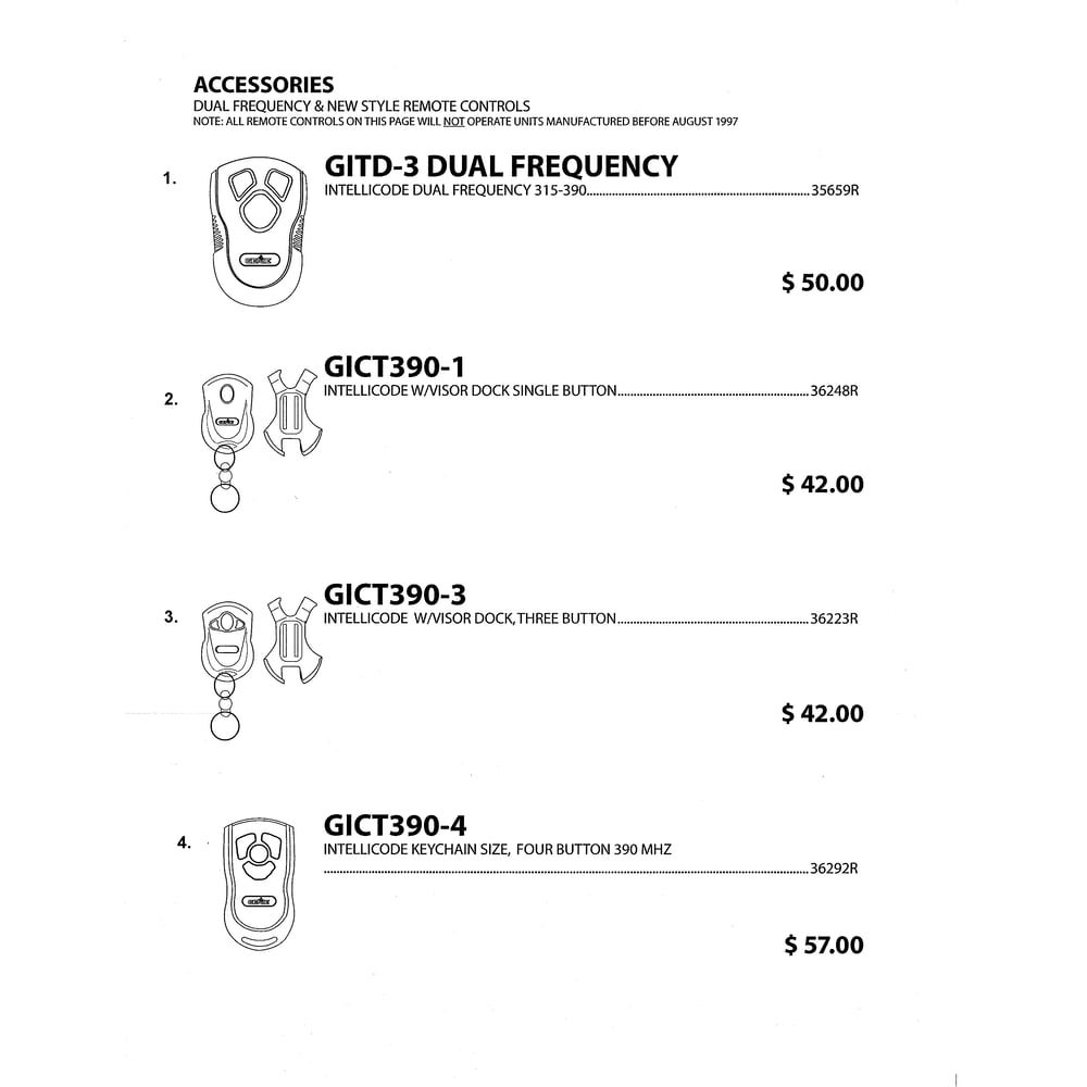 Dual Frequency & New Style Remote Controls Diagram and Parts List for PCG650L  Genie Garage Door Opener