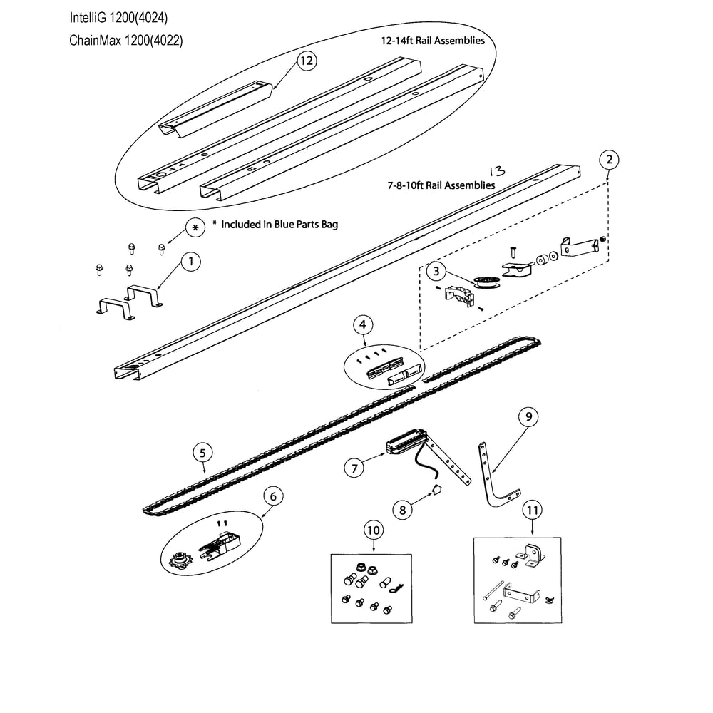 Chain Rail Assy Diagram and Parts List for 4022  Genie Garage Door Opener