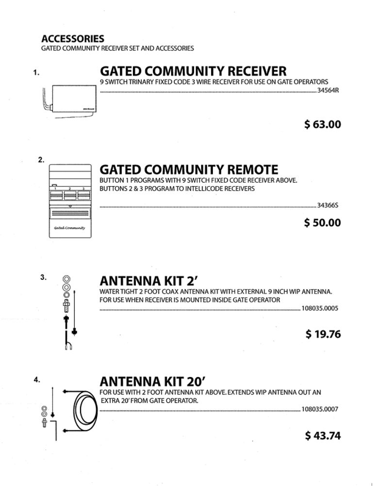 Gated Community Receiver Set And Accessories Diagram and Parts List for 1020L  Genie Garage Door Opener