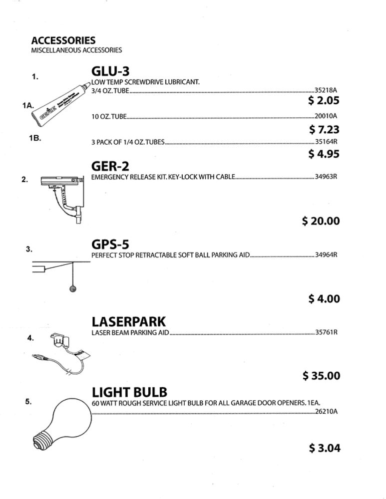 Miscellaneous Accessories 1 Diagram and Parts List for 1020L  Genie Garage Door Opener