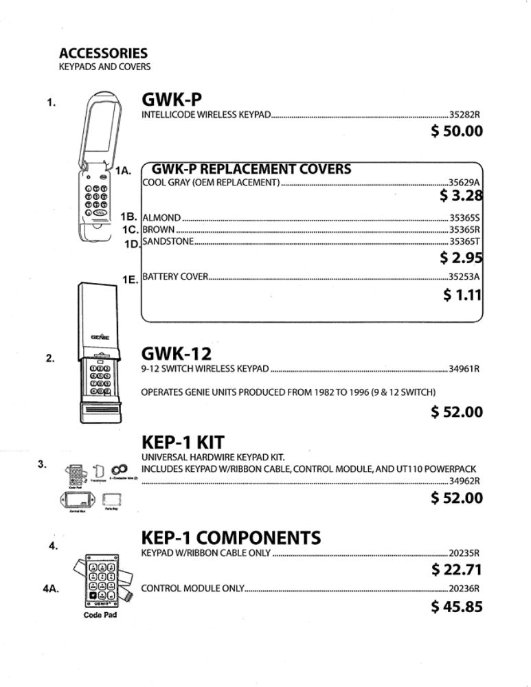 Keypads And Covers Diagram and Parts List for 1020L  Genie Garage Door Opener