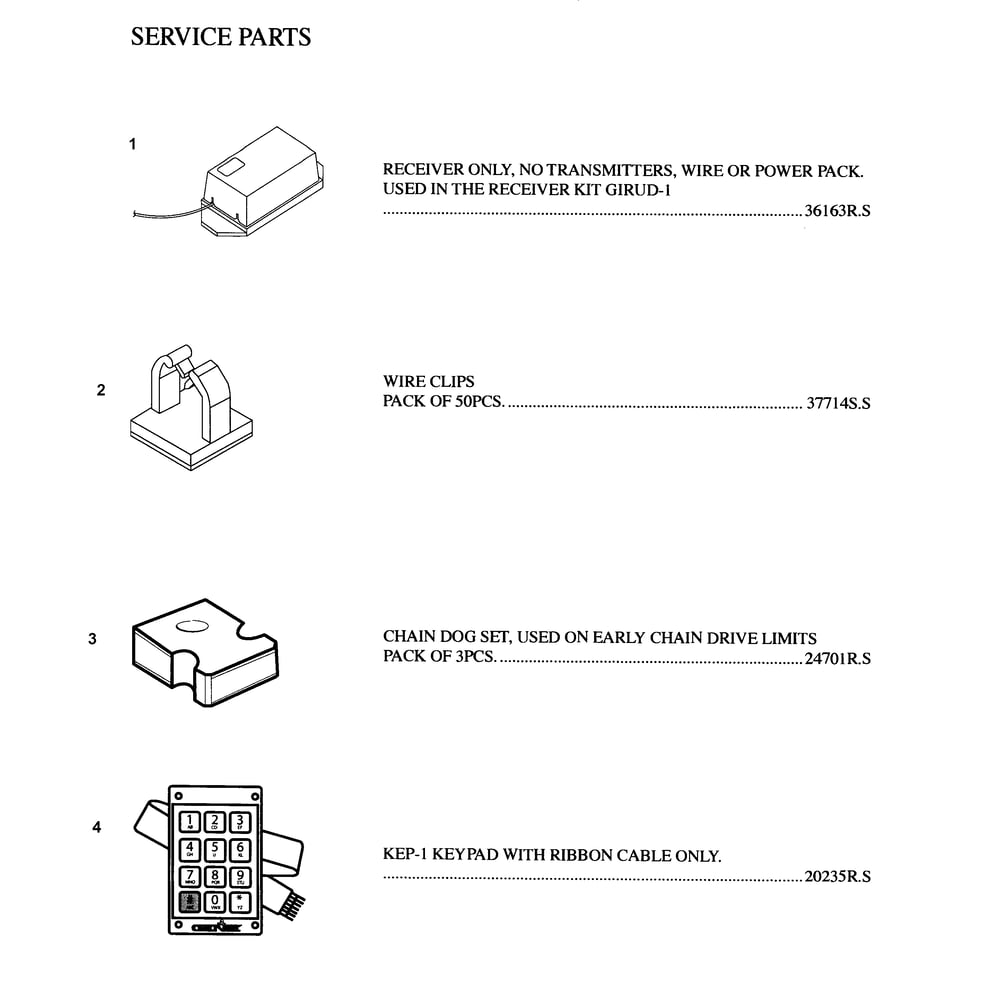 Accessorie Diagram and Parts List for 4022  Genie Garage Door Opener