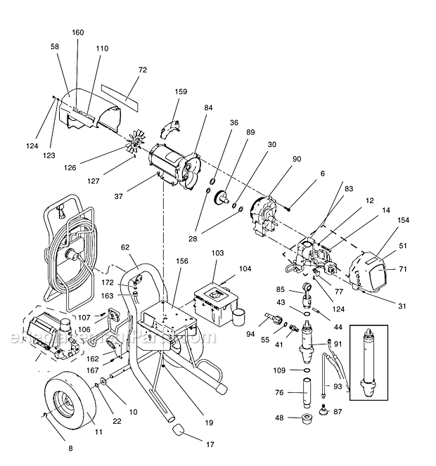 Main Assembly Diagram and Parts List for 258727 Quik Reel Graco Sprayer
