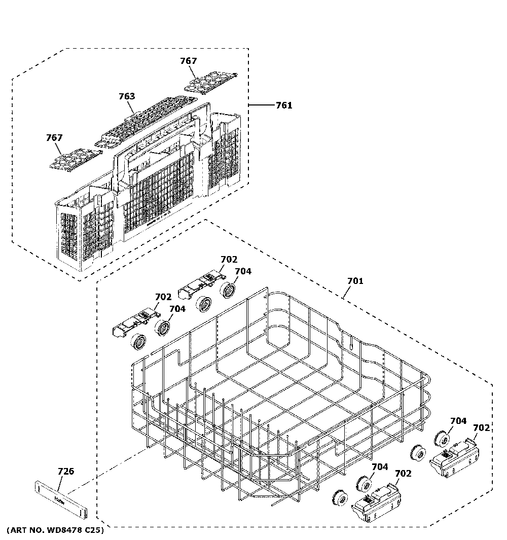 Lower rack assembly Diagram and Parts List for QDP555SBN3TS  Haier Dishwasher