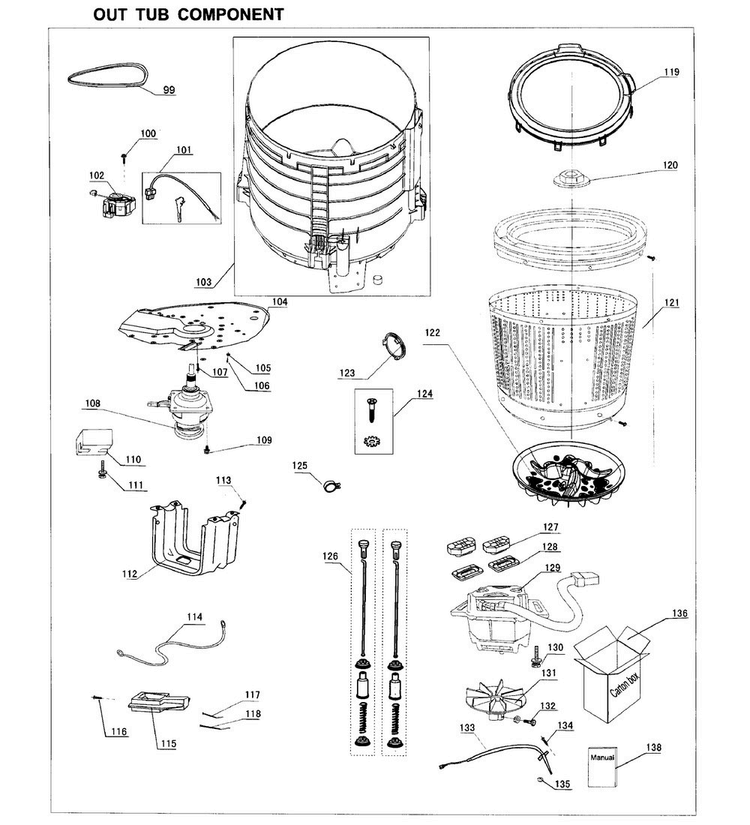 Outer Tub Diagram and Parts List for HLTW500AXW  Haier Washer