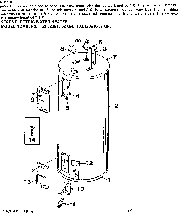 Non-functional Replacement Parts Diagram and Parts List for 183328610  Kenmore Water Heater