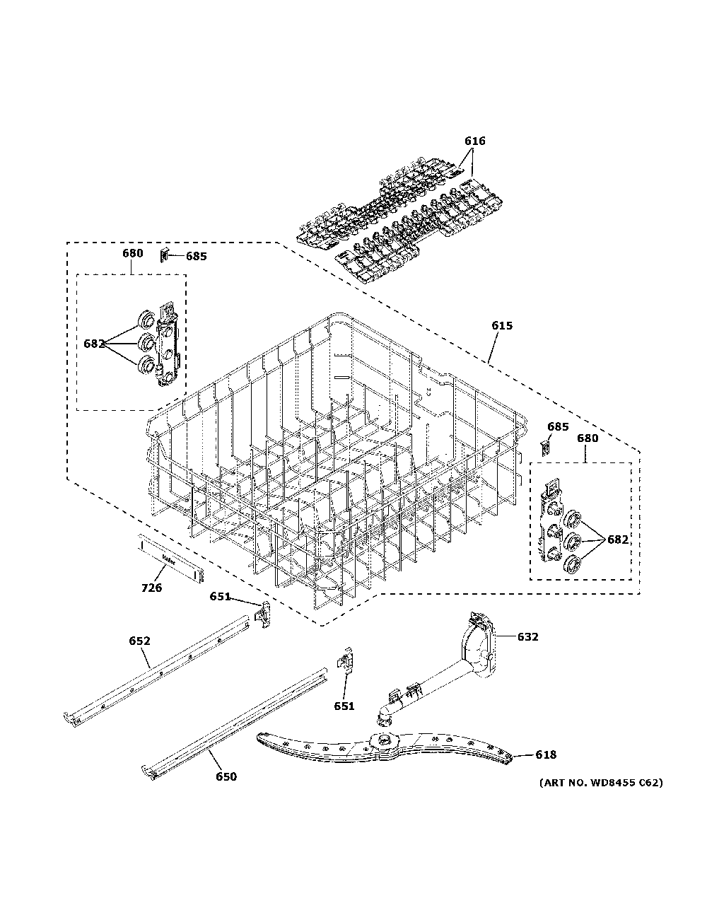 Upper rack assembly Diagram and Parts List for QDP555SYN2FS  Haier Dishwasher