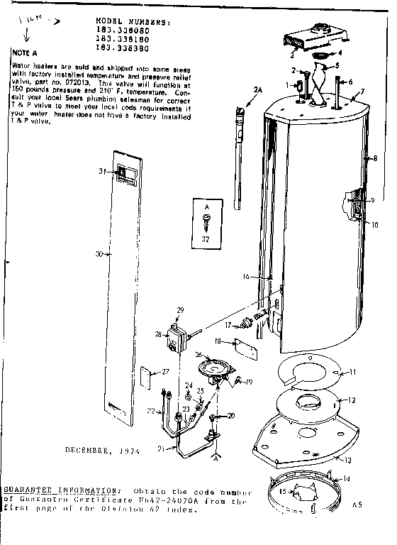 Replacement Parts Diagram and Parts List for 183338080  Kenmore Water Heater