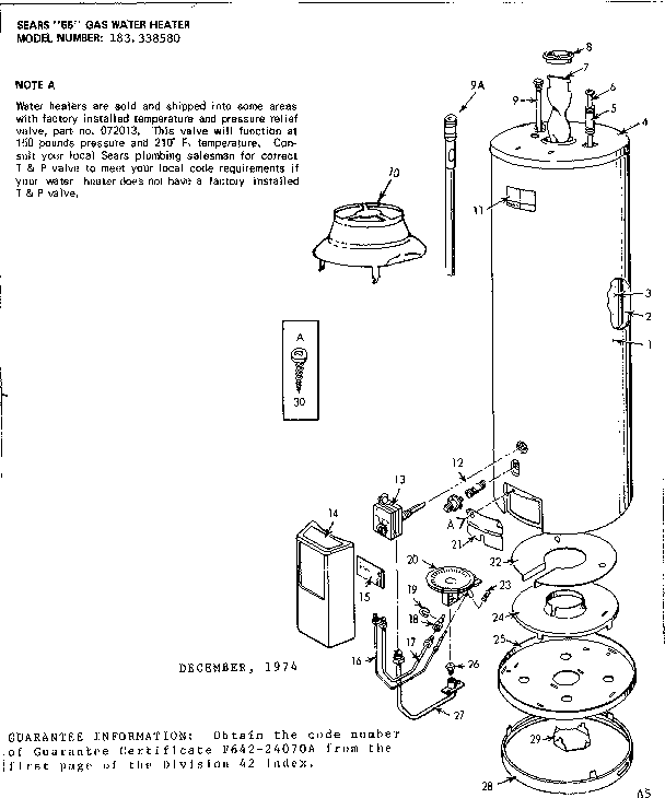 Replacement Parts Diagram and Parts List for 183338580  Kenmore Water Heater