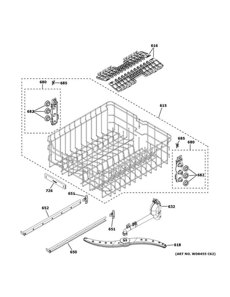 Upper Rack Assembly Diagram and Parts List for QDP555SYN4FS  Haier Dishwasher