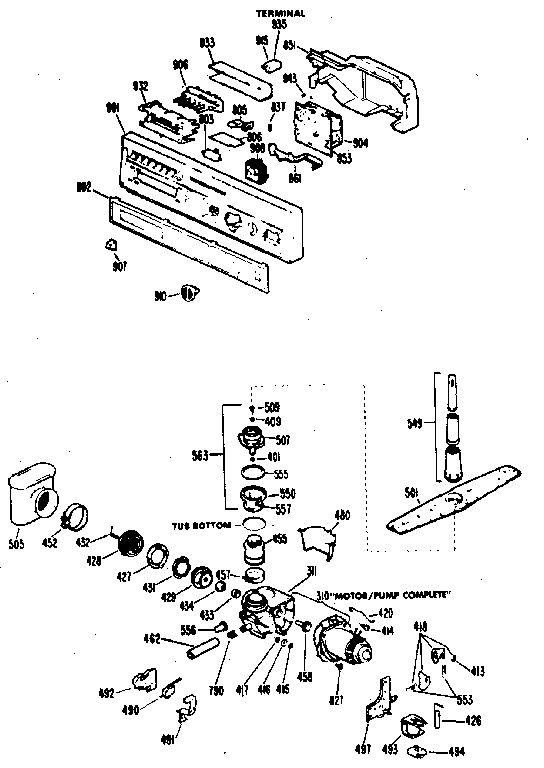Control Panel And Motor-pump Assembly Diagram and Parts List for 18385 1988 Kenmore Dishwasher