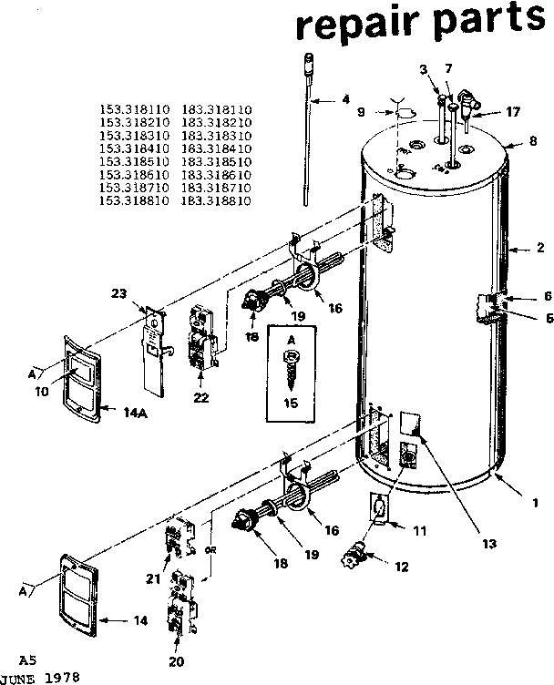 Replacement Parts Diagram and Parts List for 183318310  Kenmore Water Heater