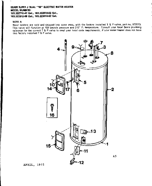 Replacement Parts Diagram and Parts List for 183322910  Kenmore Water Heater