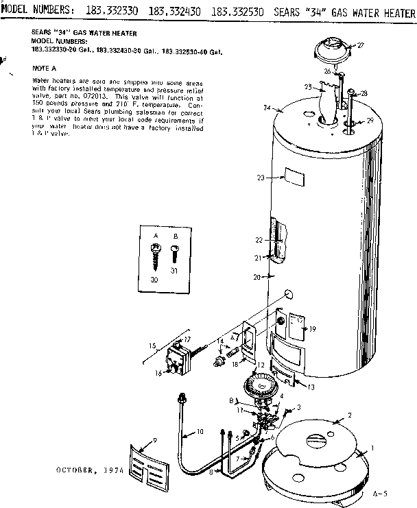 Replacement Parts Diagram and Parts List for 183332430  Kenmore Water Heater