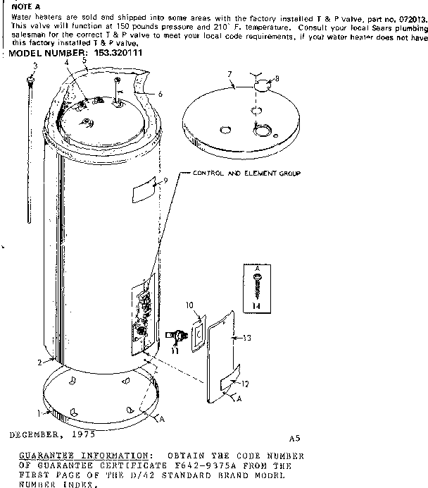 Non-functional Replacement Parts Diagram and Parts List for 183320111  Kenmore Water Heater