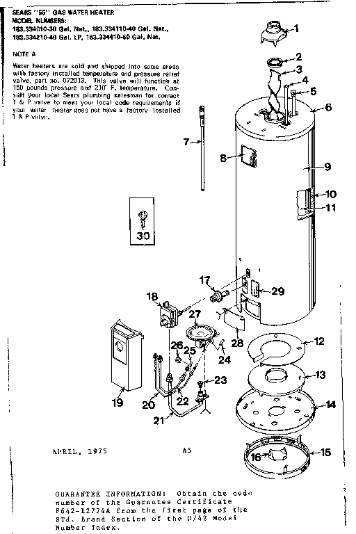 Replacement Parts Diagram and Parts List for 183334410  Kenmore Water Heater