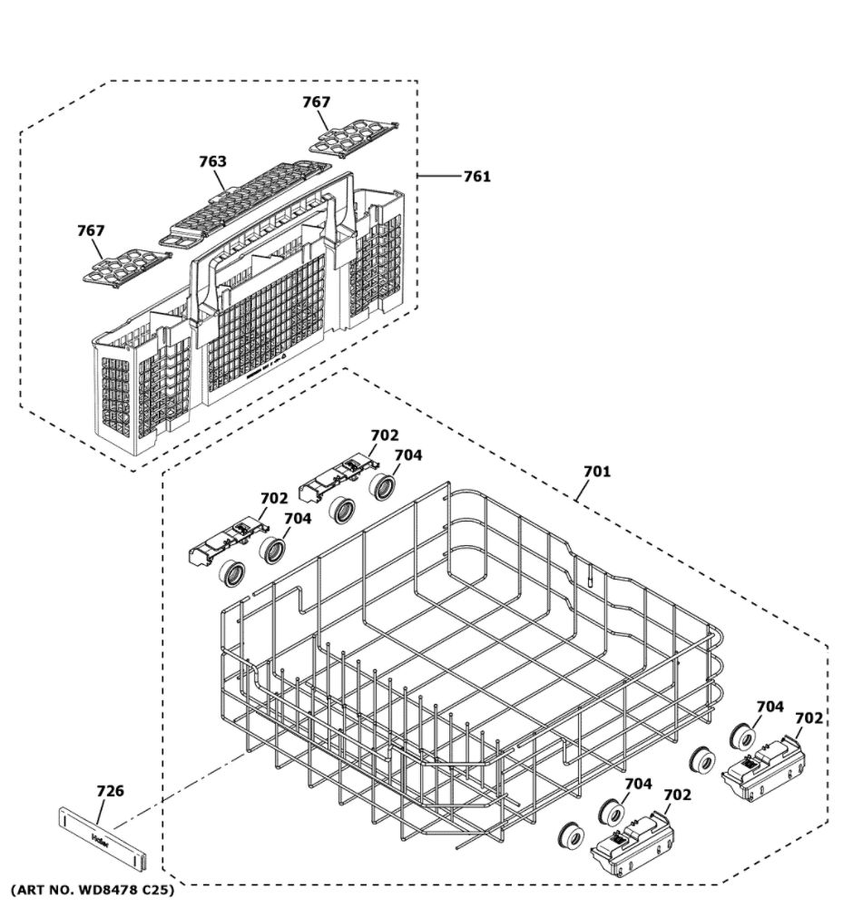 Lower Rack Assembly Diagram and Parts List for QDP555SYN4FS  Haier Dishwasher