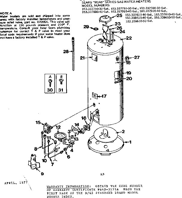 Replacement Parts Diagram and Parts List for 183337910  Kenmore Water Heater