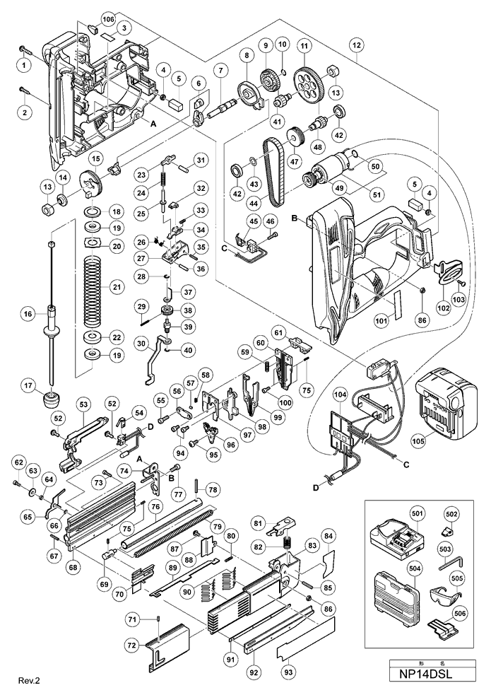 Page 1 Diagram and Parts List for NP14DSL  Hitachi Nailer