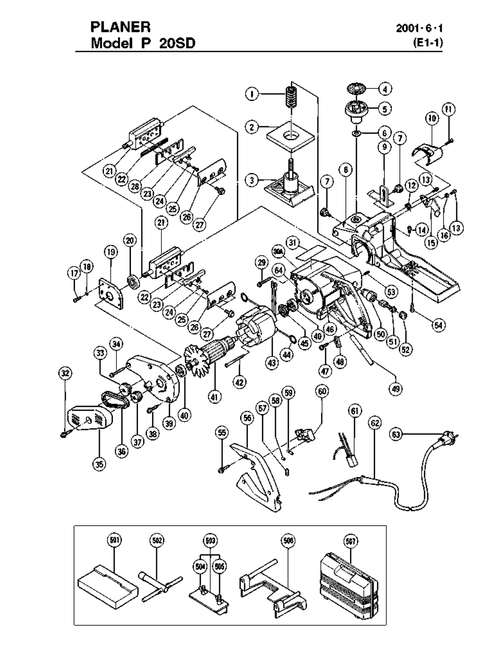 Page 1 Diagram and Parts List for P20SD  Hitachi Planer Jointer