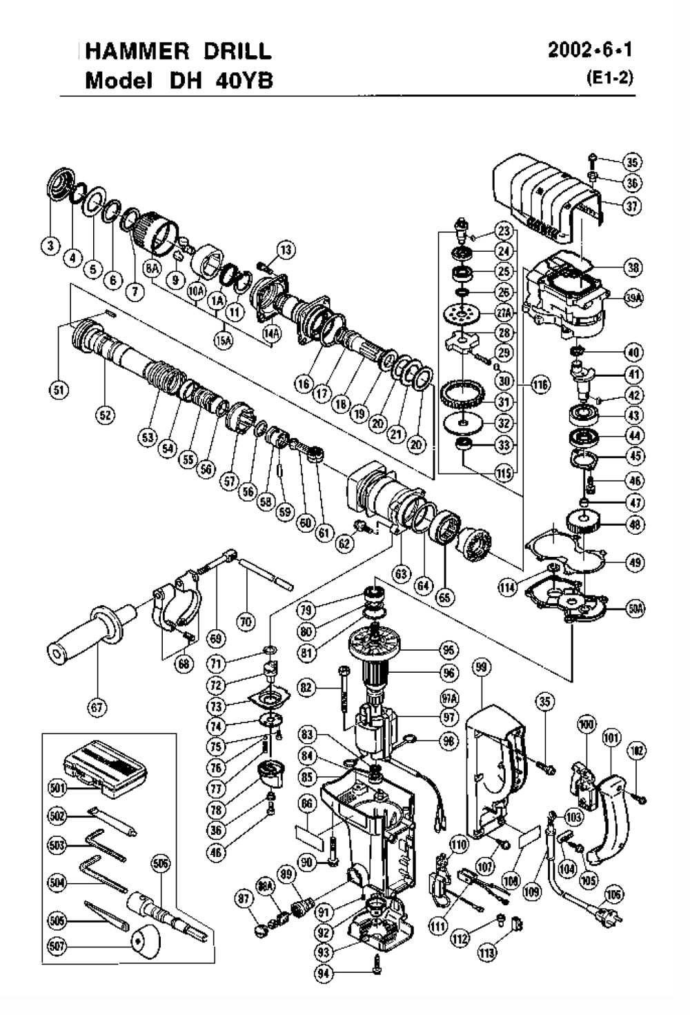 Page 1 Diagram and Parts List for DH40YB  Hitachi Hammer Drill