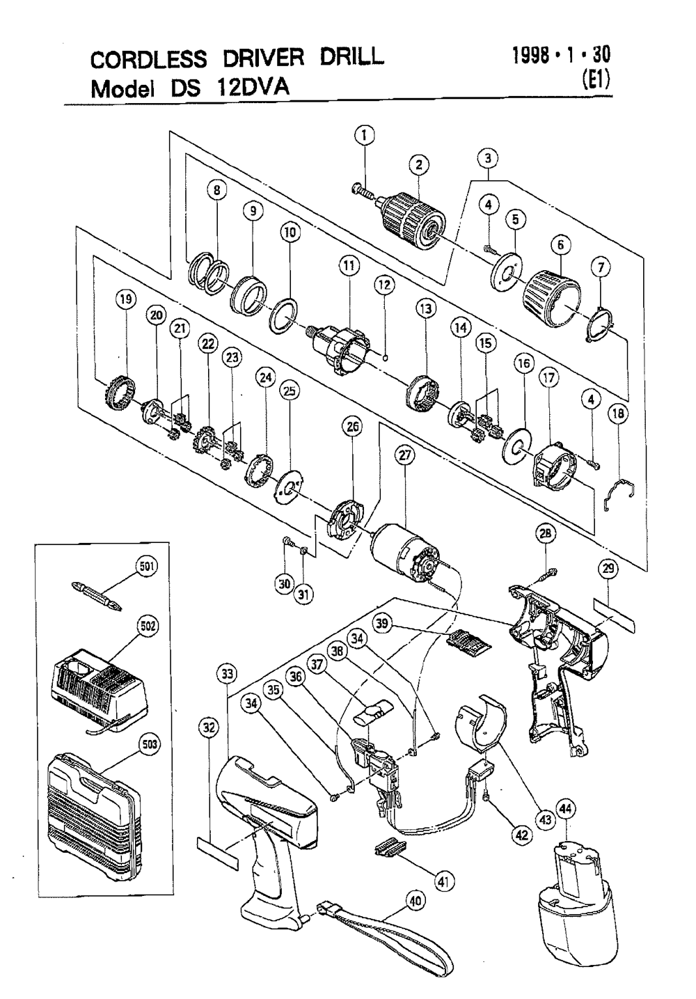 Page 1 Diagram and Parts List for DS12DVA  Hitachi Drill Press