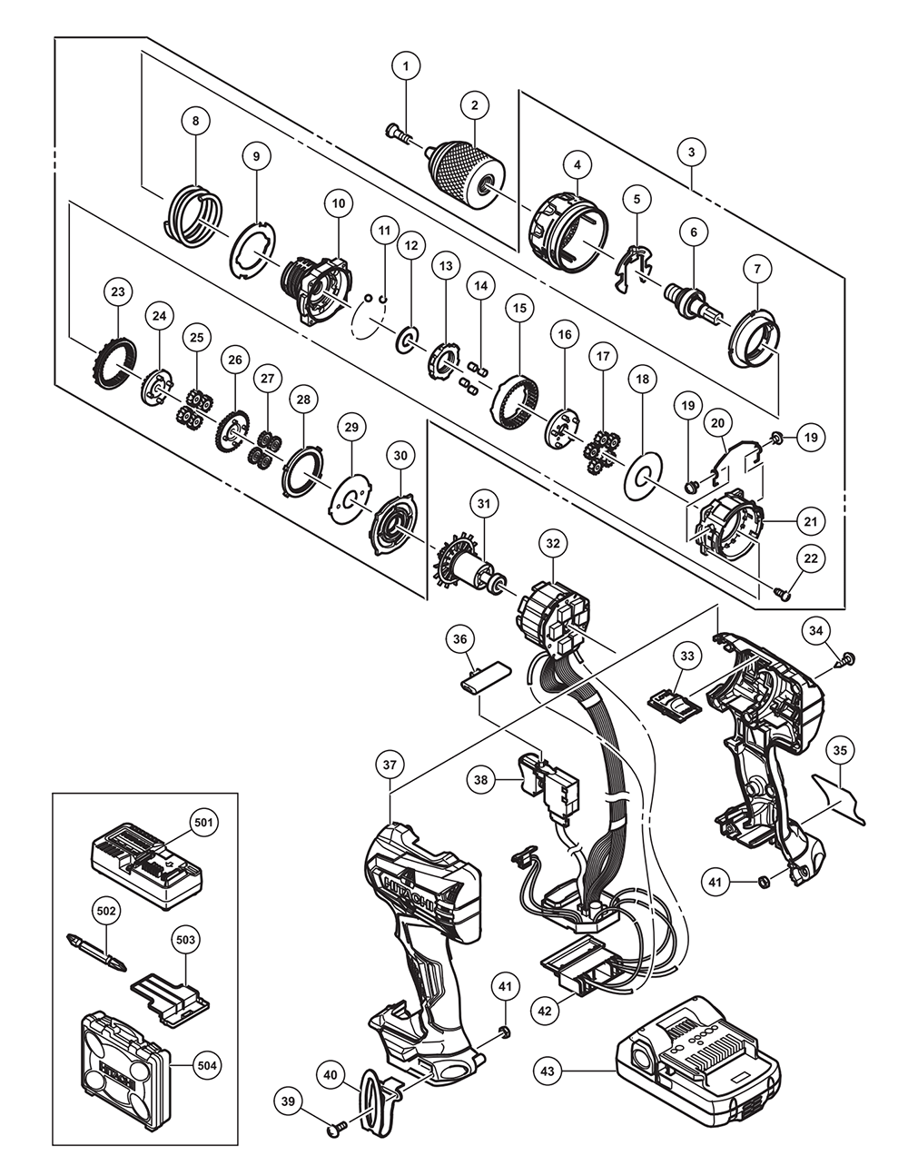 Page 1 Diagram and Parts List for DS18DBFL2S  Hitachi Drill Press