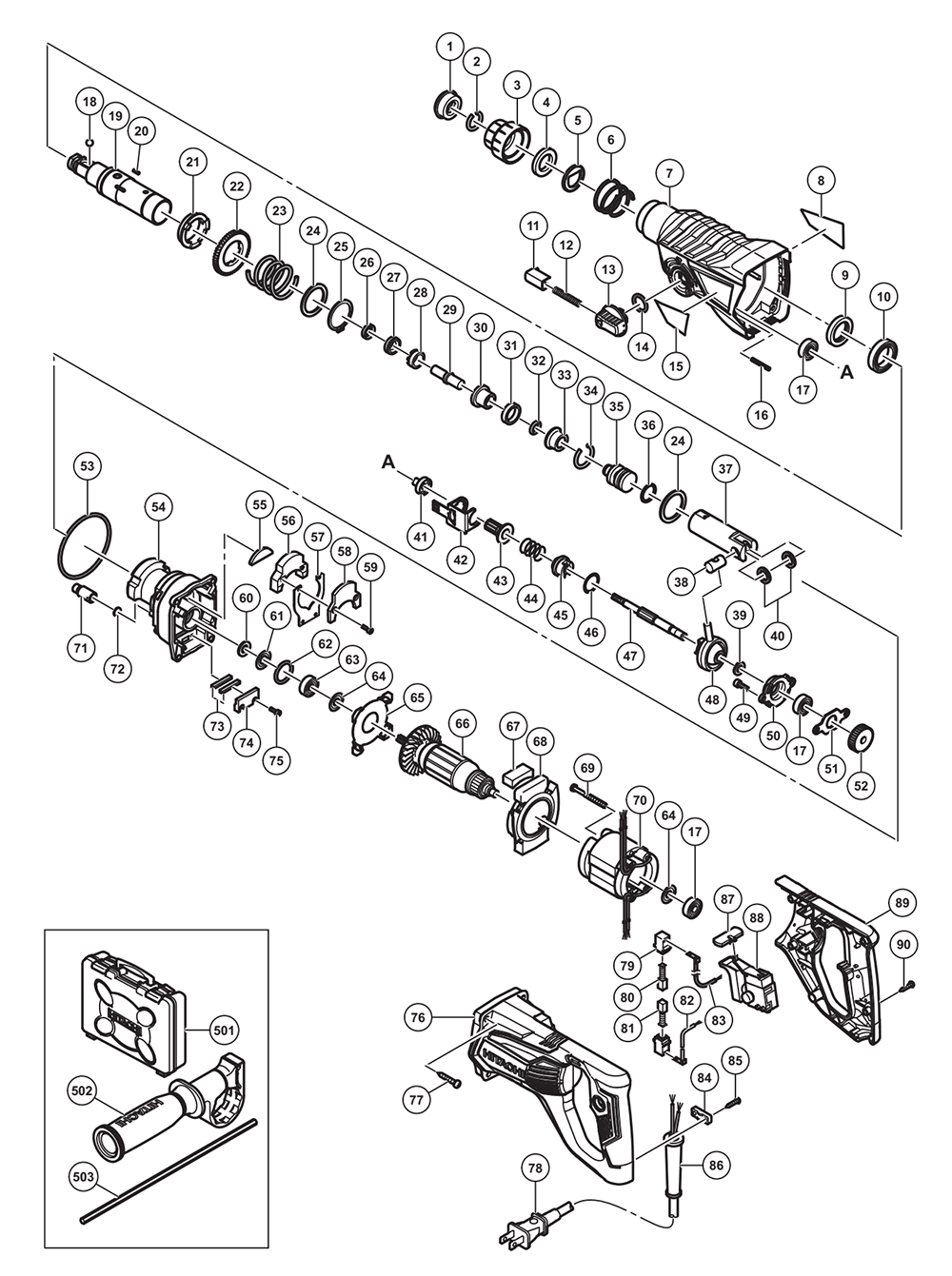 Page 1 Diagram and Parts List for DH28PFY  Hitachi Hammer Drill