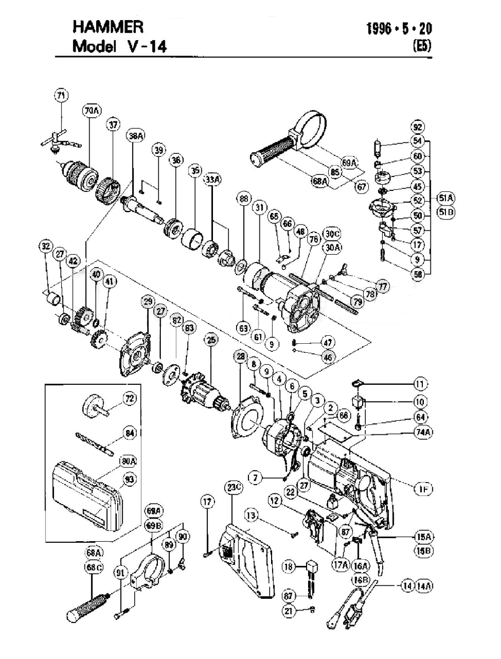Page 1 Diagram and Parts List for V14  Hitachi Hammer Drill