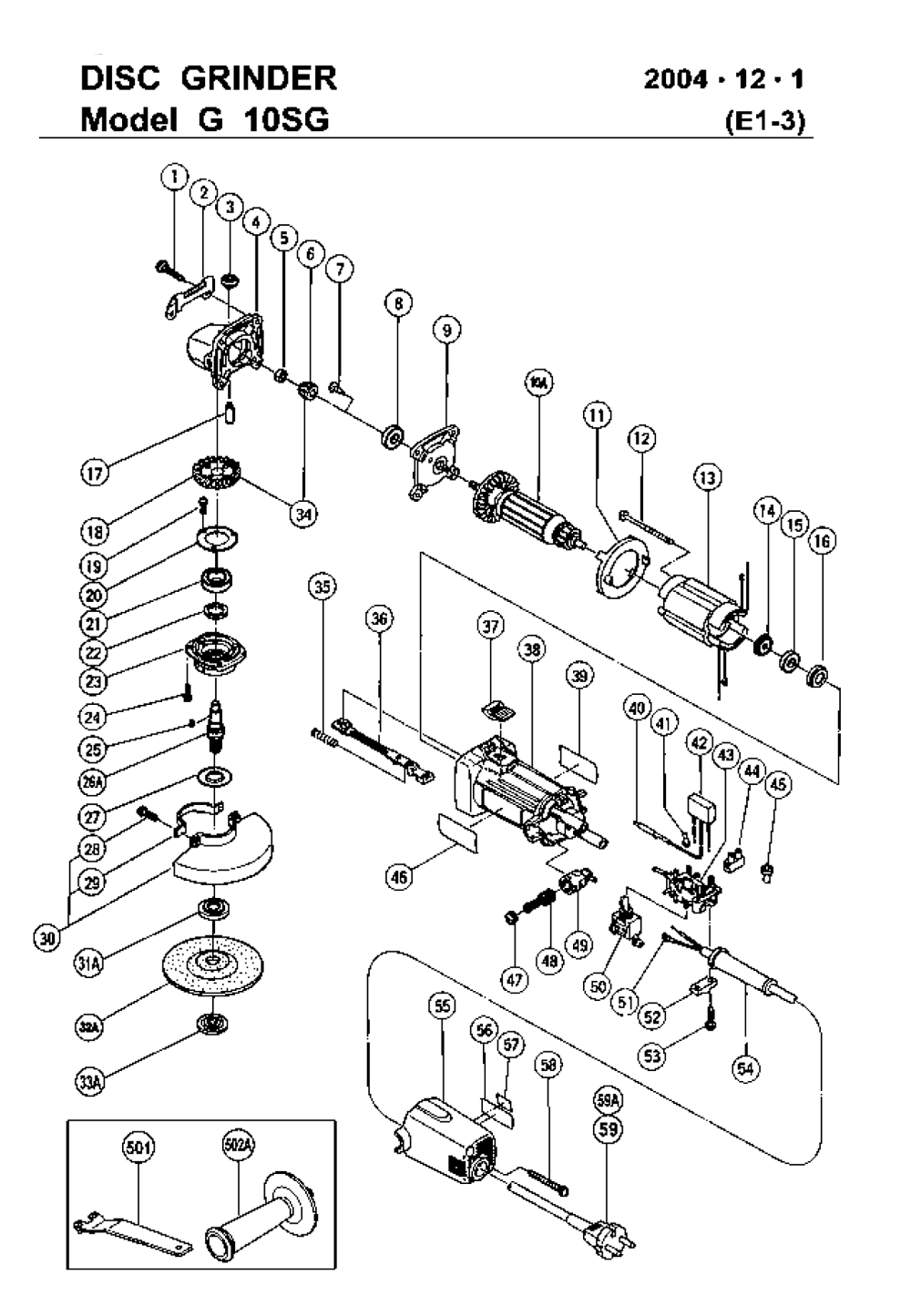Page 1 Diagram and Parts List for G10SG  Hitachi Grinder