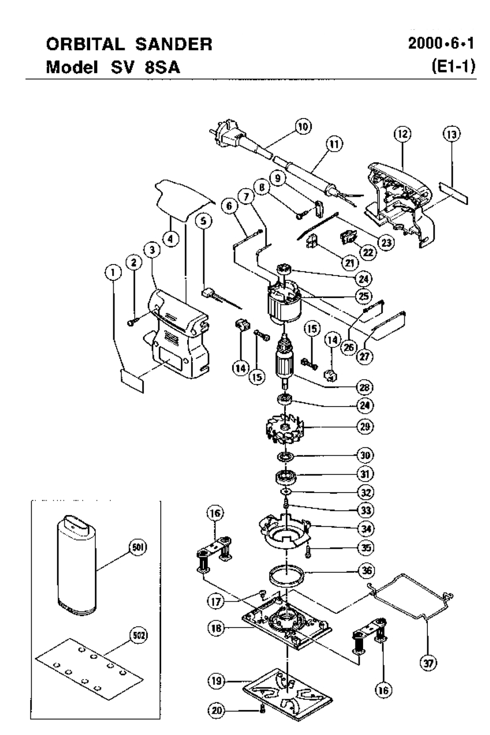 Page 1 Diagram and Parts List for SV8SA  Hitachi Sander Polisher