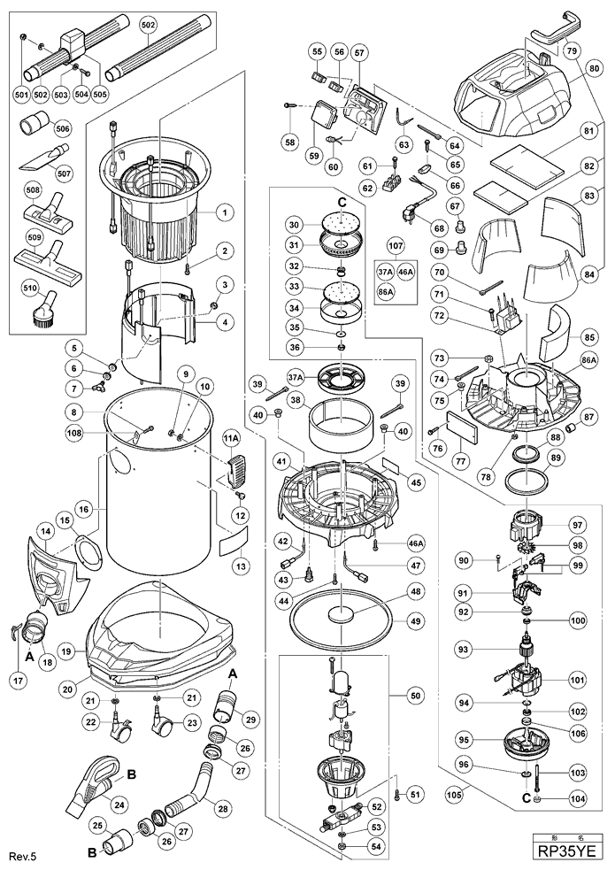 Page 1 Diagram and Parts List for RP35YE  Hitachi Utility Vacuum