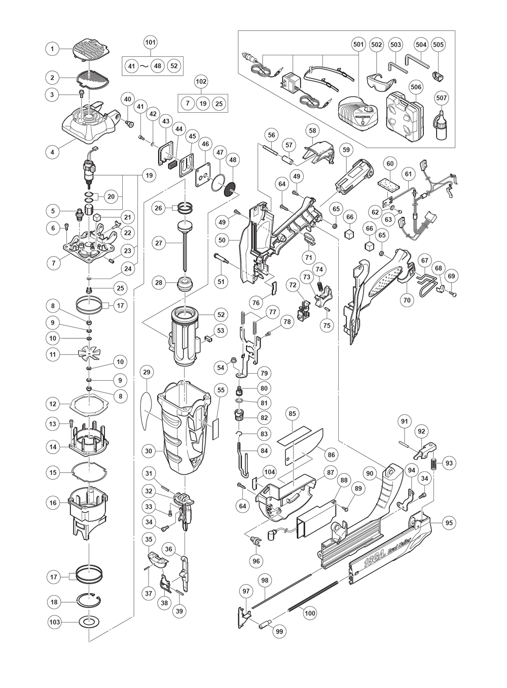 Page 1 Diagram and Parts List for NT50GSP9  Hitachi Nailer