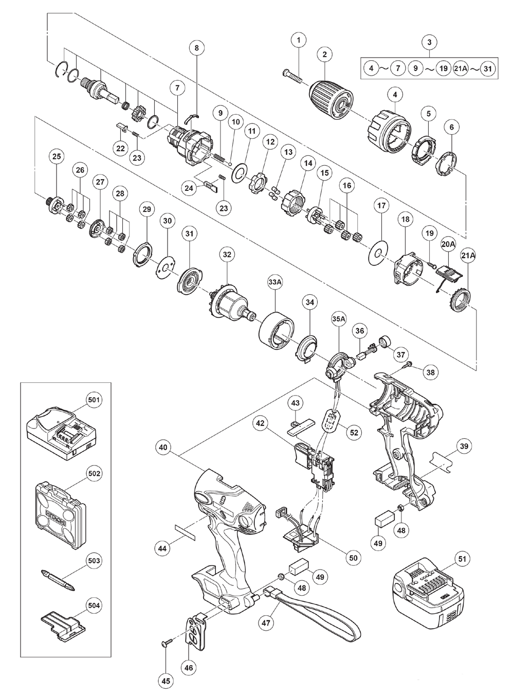 Page 1 Diagram and Parts List for DV14DSL  Hitachi Wrench