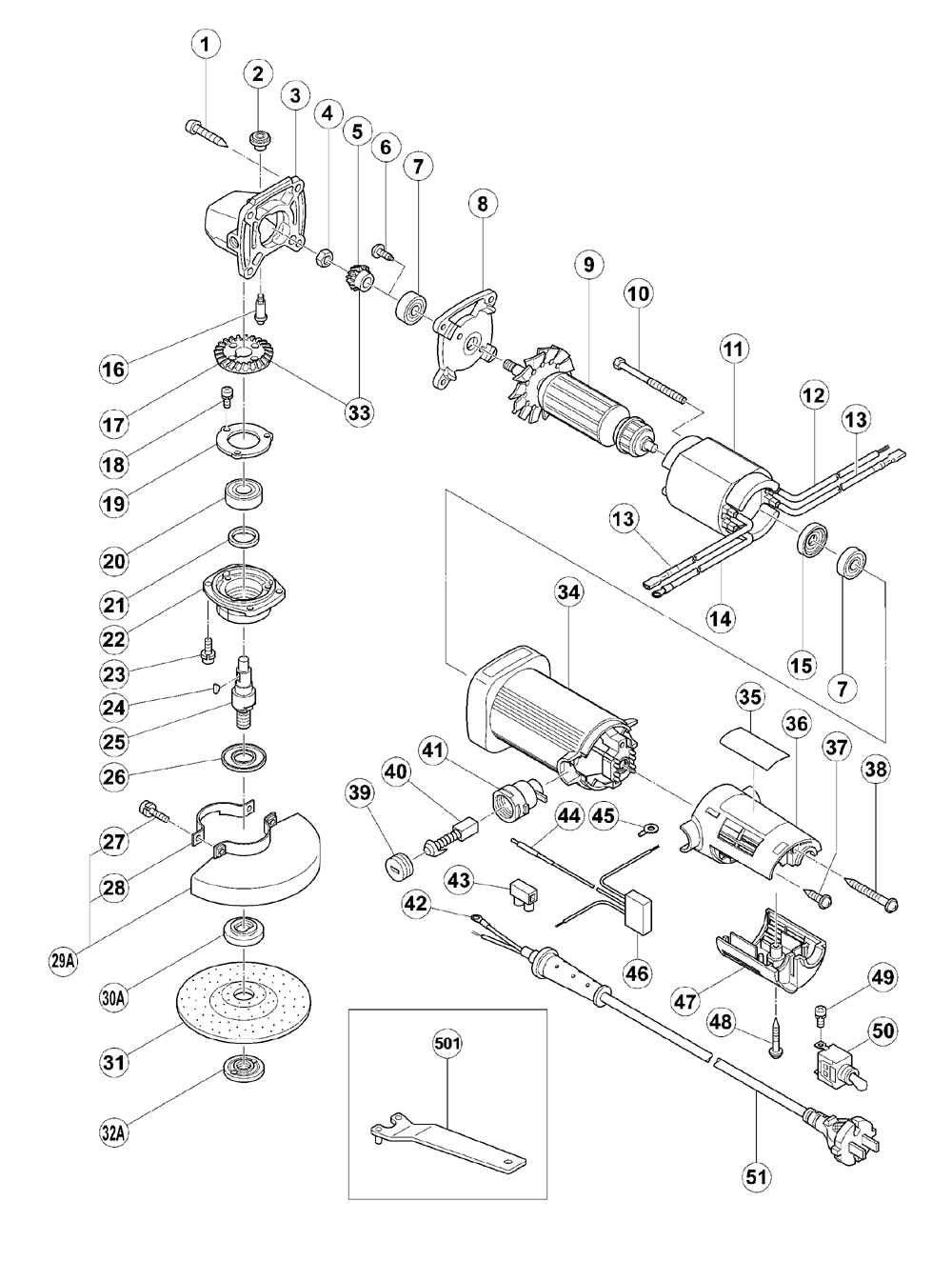 Page 1 Diagram and Parts List for G10SF3  Hitachi Grinder