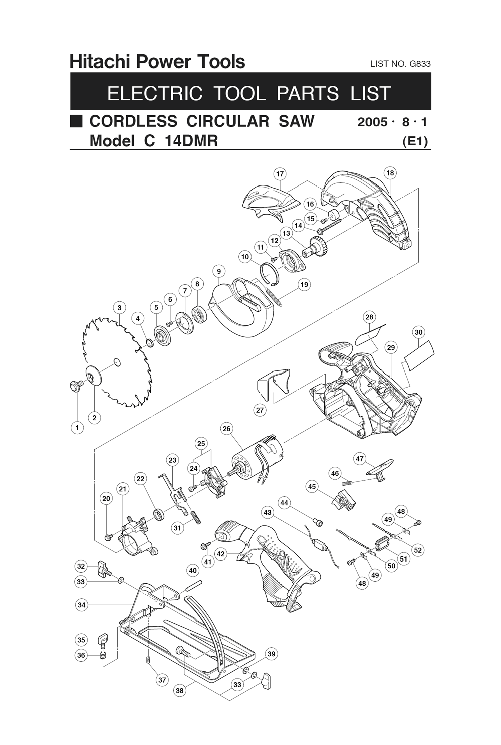 Page 1 Diagram and Parts List for C14DMR  Hitachi Saw