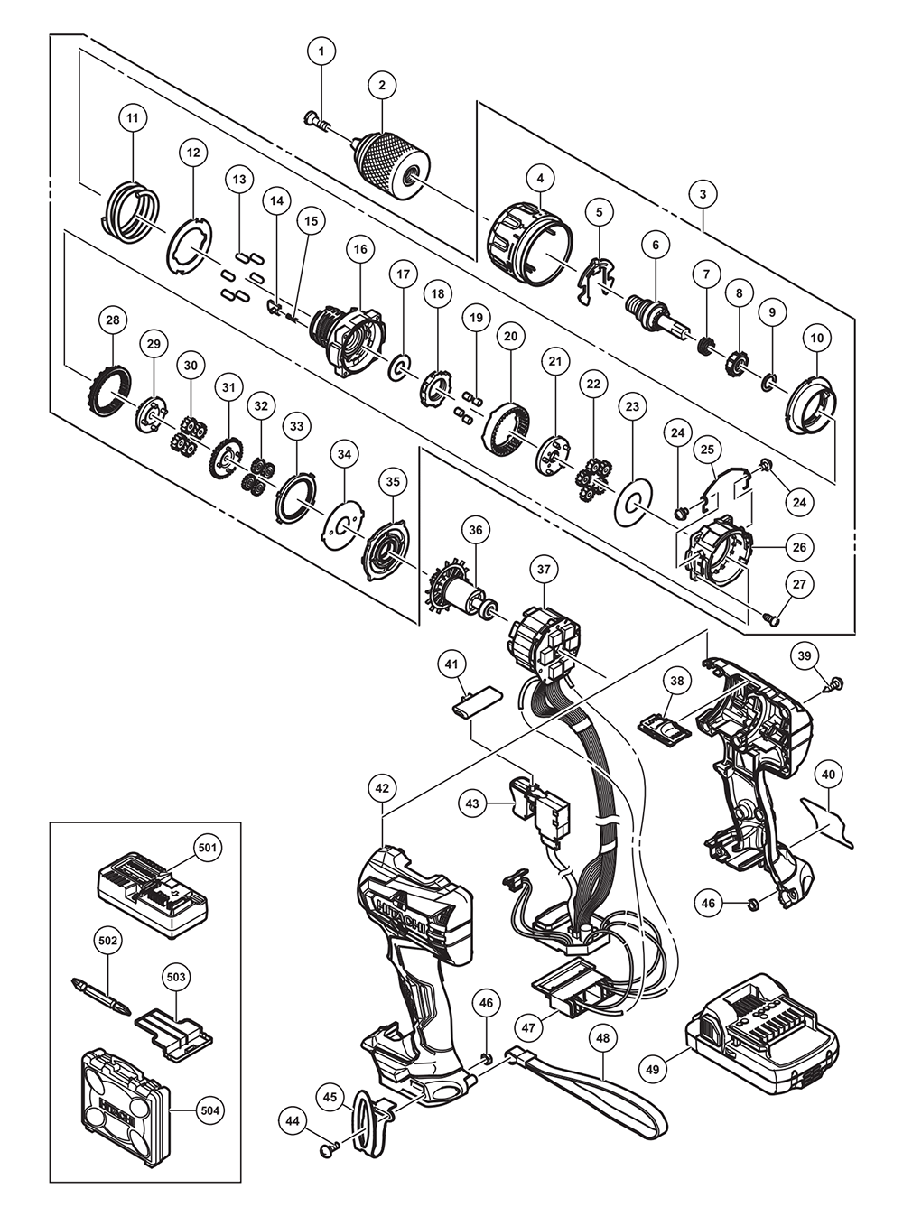 Page 1 Diagram and Parts List for DV18DBFL2P4  Hitachi Hammer Drill