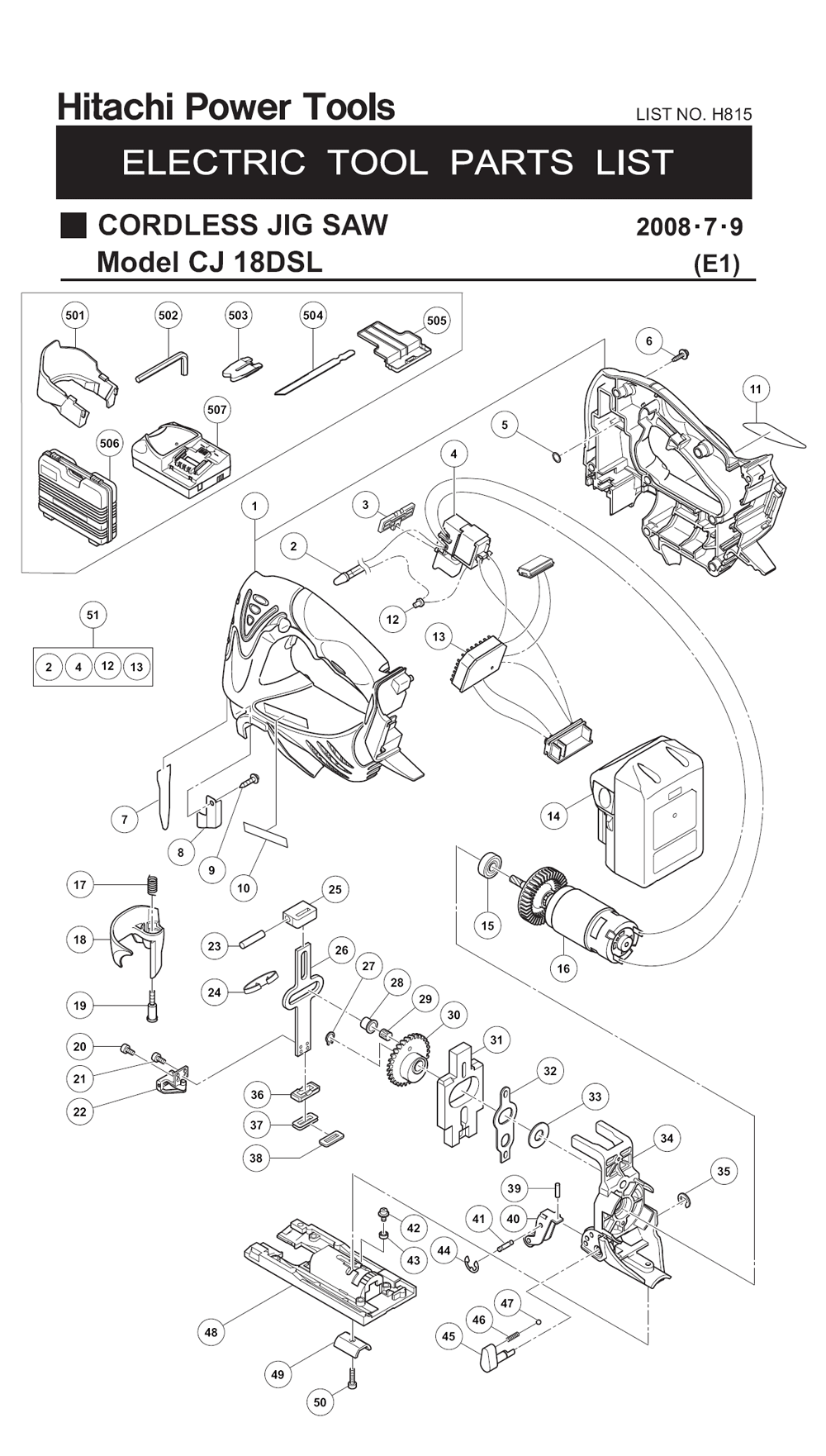 Page 1 Diagram and Parts List for CJ18DLP4  Hitachi Saw