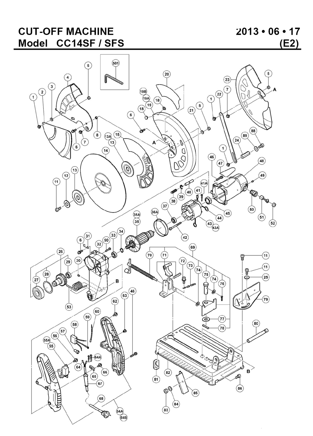 Page 1 Diagram and Parts List for CC14SFS  Hitachi Saw