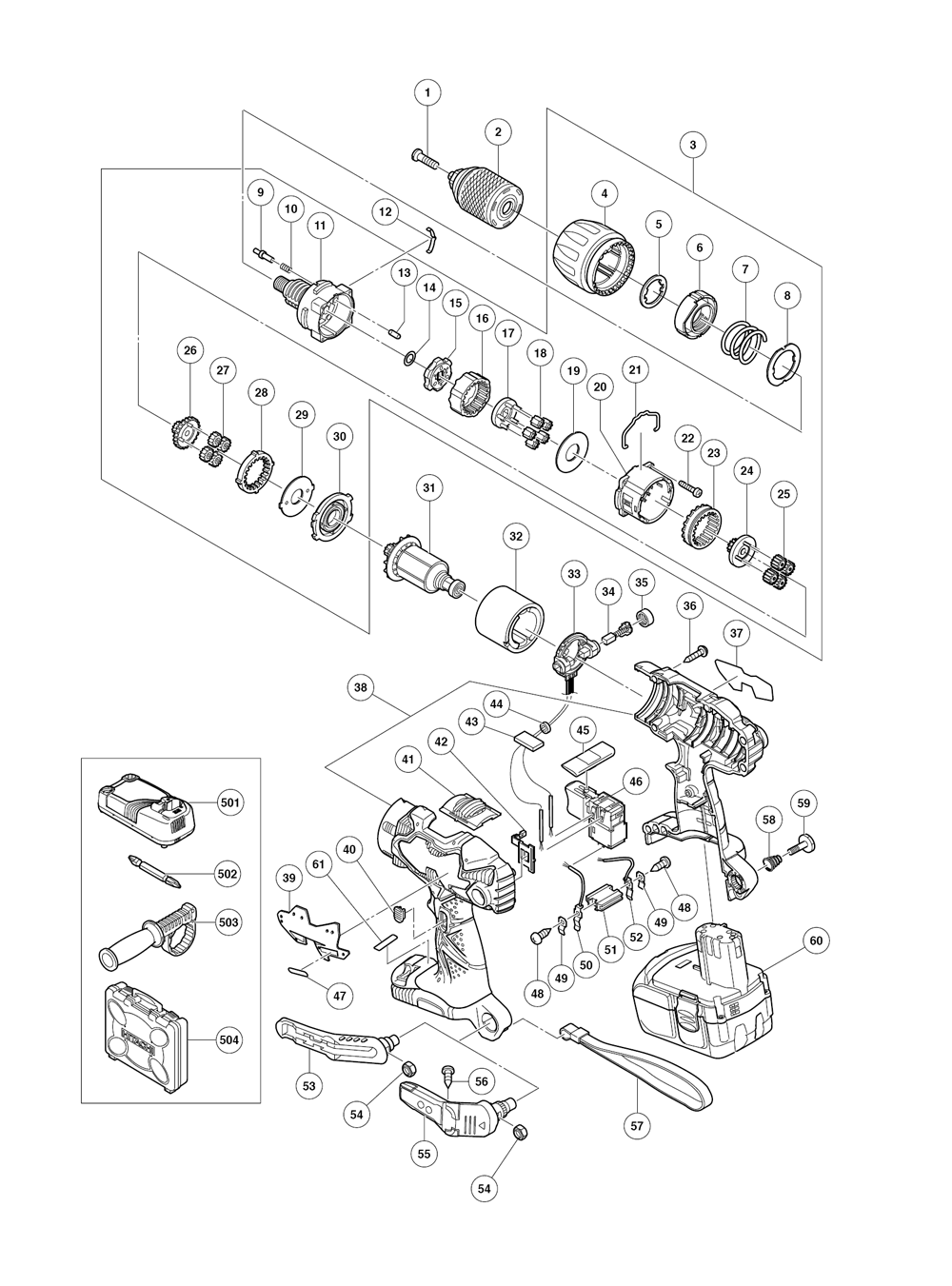 Page 1 Diagram and Parts List for DV18DLP4  Hitachi Hammer Drill