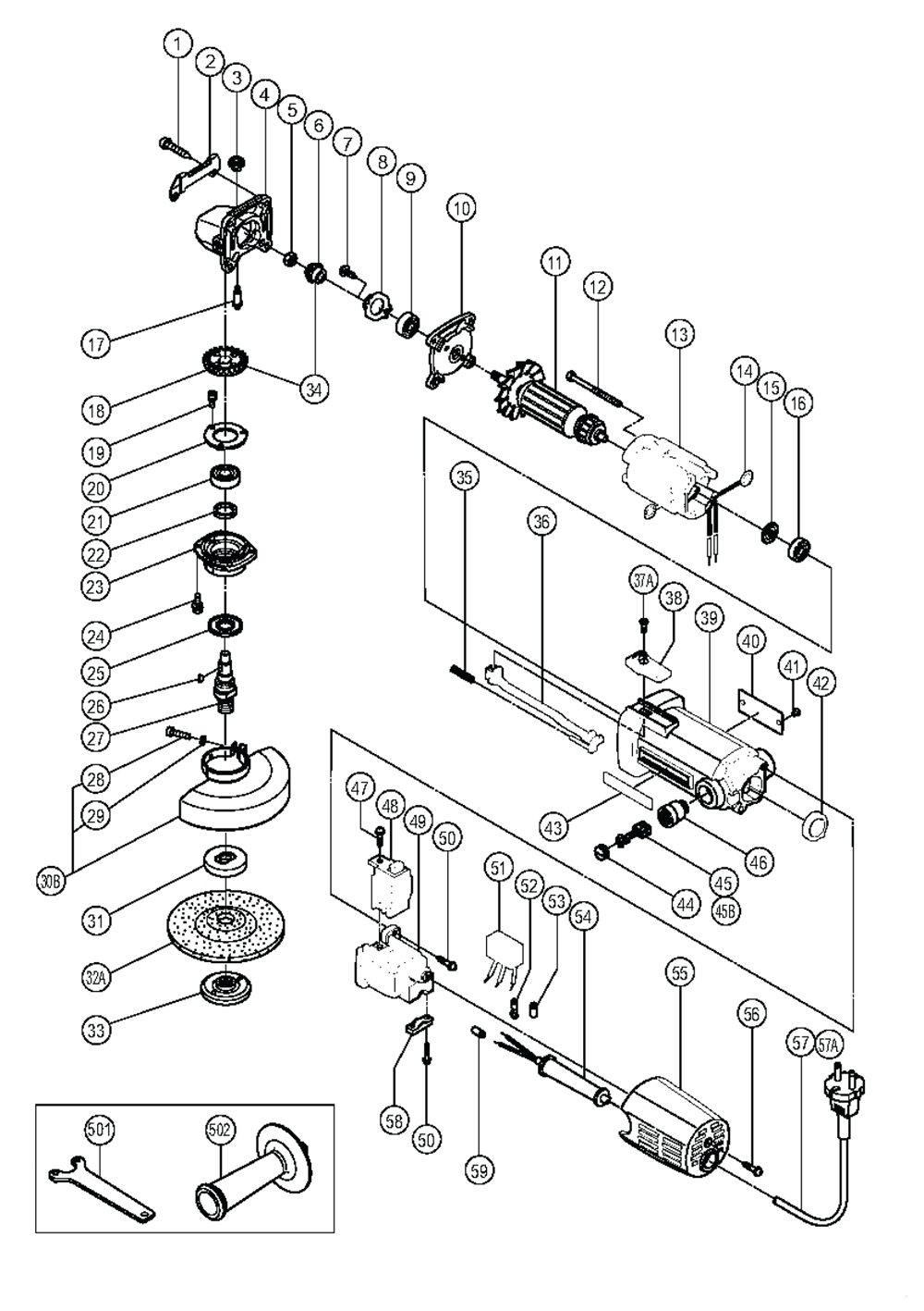 Page 1 Diagram and Parts List for FG12SA2  Hitachi Grinder
