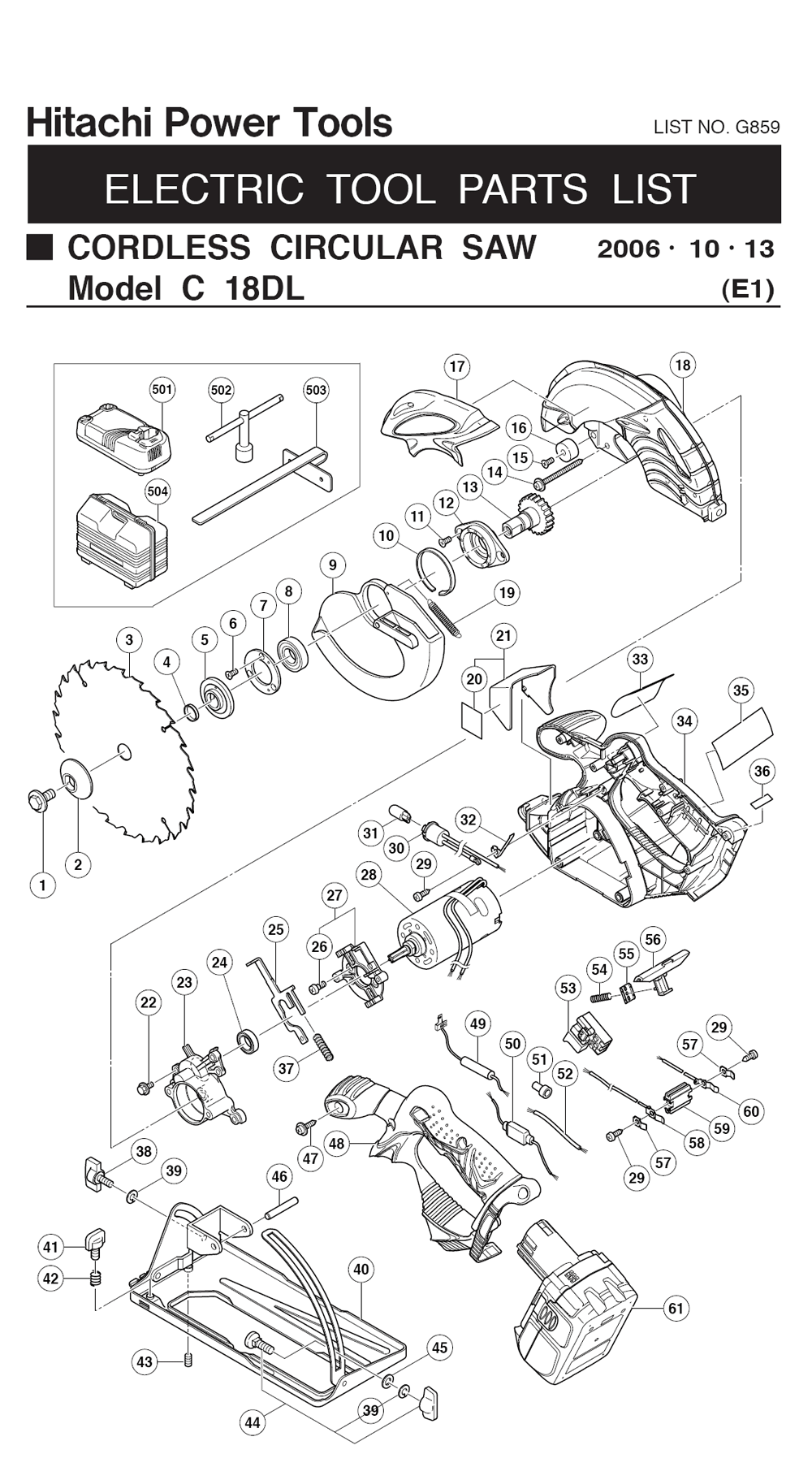 Page 1 Diagram and Parts List for C18DLP4  Hitachi Saw