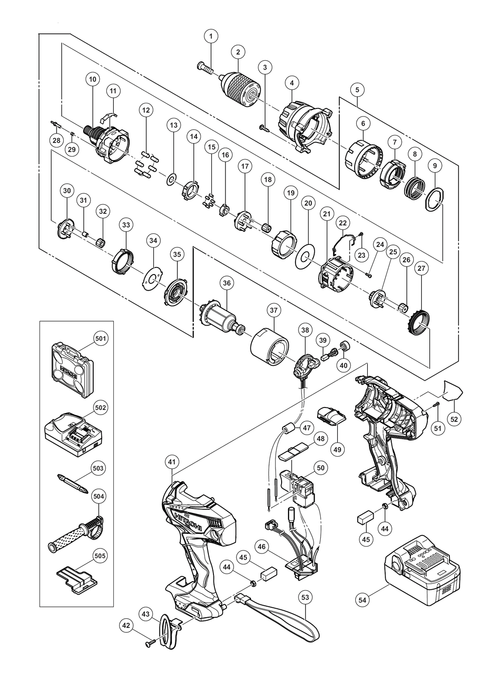 Page 1 Diagram and Parts List for DS18DSDLP4  Hitachi Drill Press