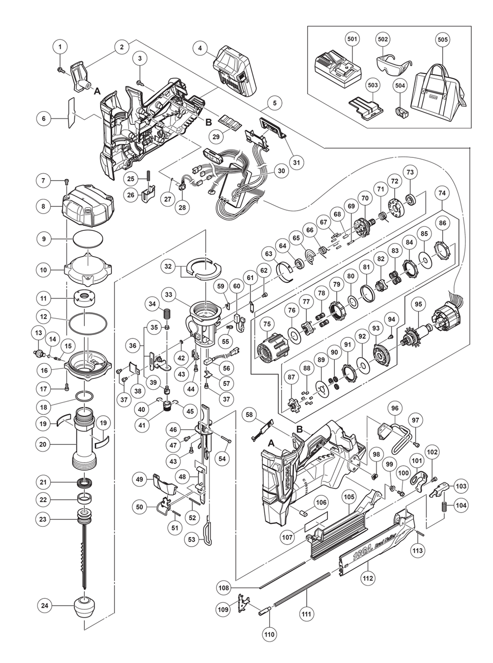 Page 1 Diagram and Parts List for NT1850DE  Hitachi Nailer